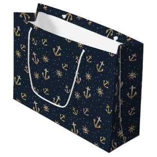 Nautic Gold Anchor & Helm Muster auf Blue Große Geschenktüte