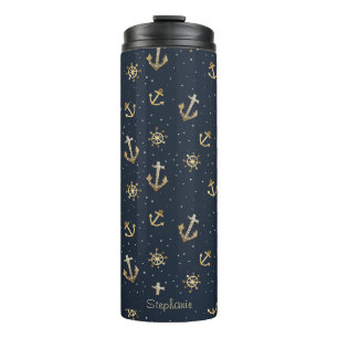 Nautic Gold Anchor & Helm Muster auf Blue Thermosbecher