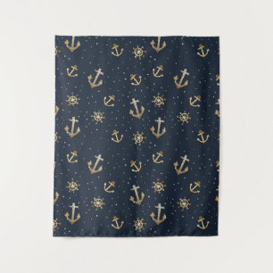 Nautic Gold Anchor & Helm Muster auf Blue Wandteppich