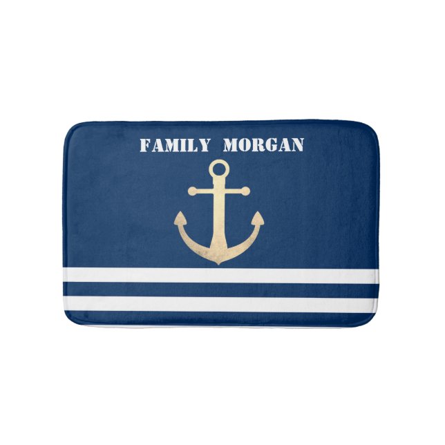 Nautic, Gold Anchor Navy Blue Striping Badematte (Vorderseite)