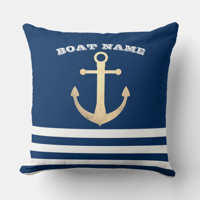 Nautic, Gold Anchor Navy Blue Striping Kissen (Vorderseite)