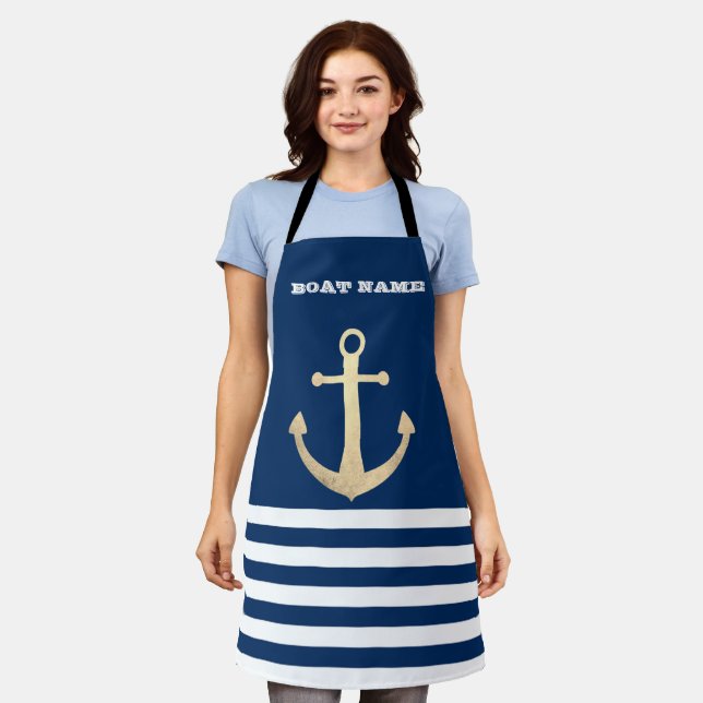 Nautic, Gold Anchor Navy Blue Striping Schürze (Getragen)
