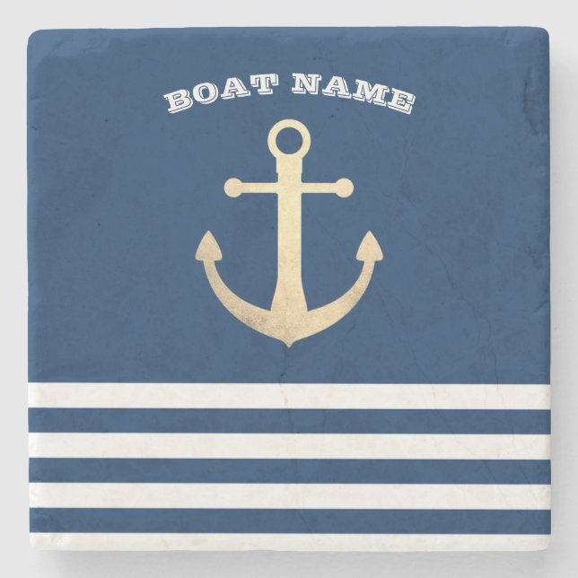Nautic, Gold Anchor Navy Blue Striping Steinuntersetzer (Vorderseite)