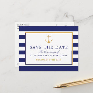 Nautic Gold Anchor, Navy & Gold Save the Date Ankündigungspostkarte