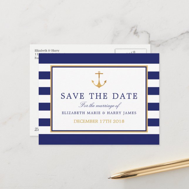 Nautic Gold Anchor, Navy & Gold Save the Date Ankündigungspostkarte (Vorderseite/Rückseite Beispiel)