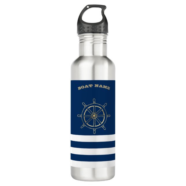 Nautic, Gold Boat Wheel, Navy Blue Stripes Edelstahlflasche (Vorderseite)