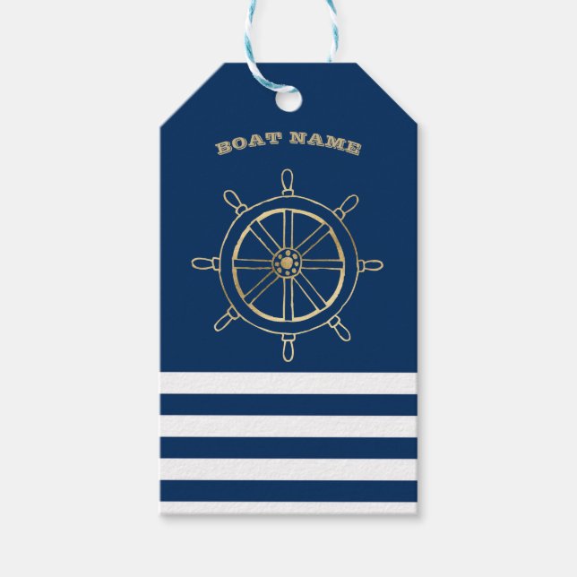 Nautic, Gold Boat Wheel, Navy Blue Stripes Geschenkanhänger (Vorderseite)