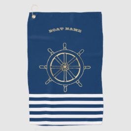 Nautic, Gold Boat Wheel, Navy Blue Stripes Golfhandtuch