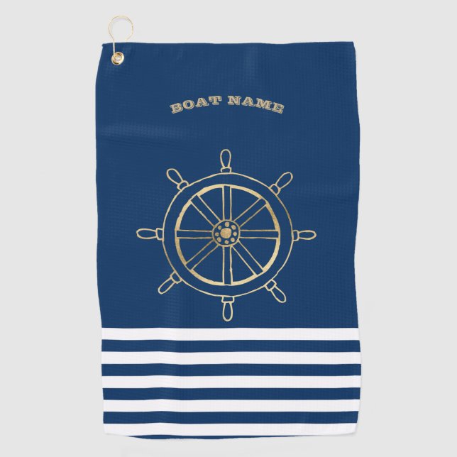 Nautic, Gold Boat Wheel, Navy Blue Stripes Golfhandtuch (Vorderseite)