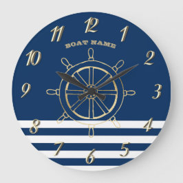 Nautic, Gold Boat Wheel, Navy Blue Stripes Große Wanduhr
