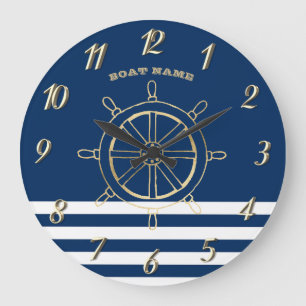 Nautic, Gold Boat Wheel, Navy Blue Stripes Große Wanduhr