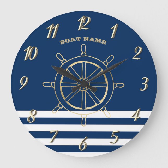 Nautic, Gold Boat Wheel, Navy Blue Stripes Große Wanduhr (Vorderseite)