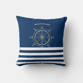 Nautic, Gold Boat Wheel, Navy Blue Stripes Kissen