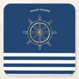 Nautic, Gold Boat Wheel, Navy Blue Stripes Rechteckiger Pappuntersetzer