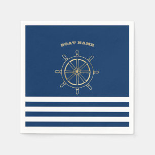 Nautic, Gold Boat Wheel, Navy Blue Stripes Serviette