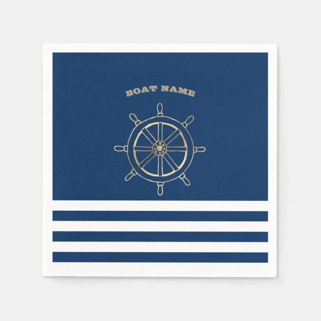 Nautic, Gold Boat Wheel, Navy Blue Stripes Serviette (Vorderseite)