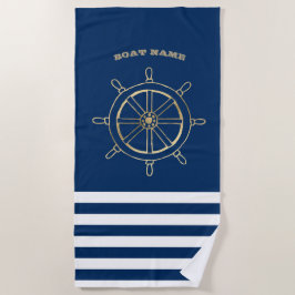 Nautic, Gold Boat Wheel, Navy Blue Stripes Strandtuch