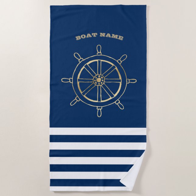 Nautic, Gold Boat Wheel, Navy Blue Stripes Strandtuch (Vorderseite)