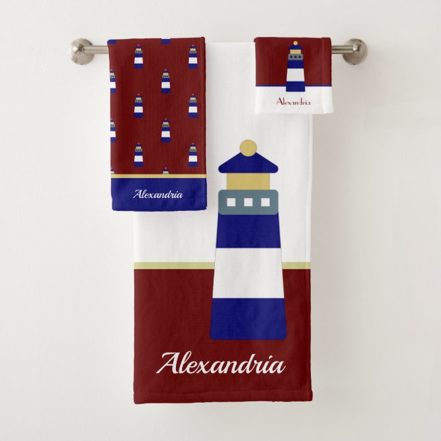 Nautic Gold Burgundy Maroon und Navy Blue Light Badhandtuch Set (Insitu)