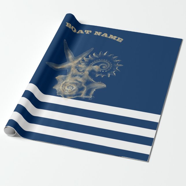 Nautic, Gold Seashells Navy Blue Stripes Geschenkpapier (Ungerollt)