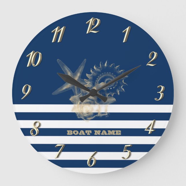 Nautic, Gold Seashells Navy Blue Stripes Große Wanduhr (Vorderseite)