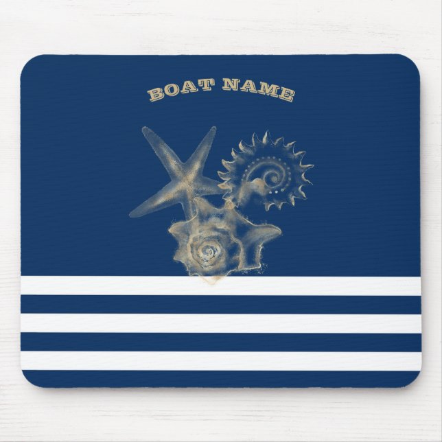 Nautic, Gold Seashells Navy Blue Stripes Mousepad (Vorne)