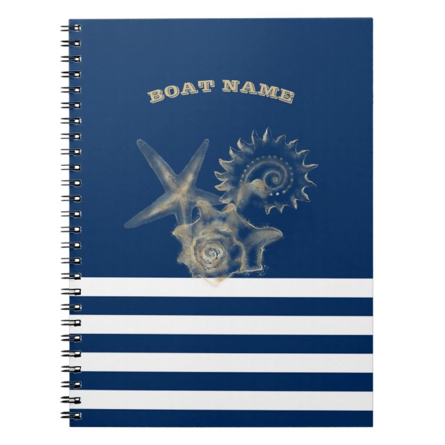 Nautic, Gold Seashells Navy Blue Stripes Notizblock (Vorderseite)