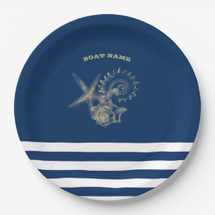 Nautic, Gold Seashells Navy Blue Stripes Pappteller