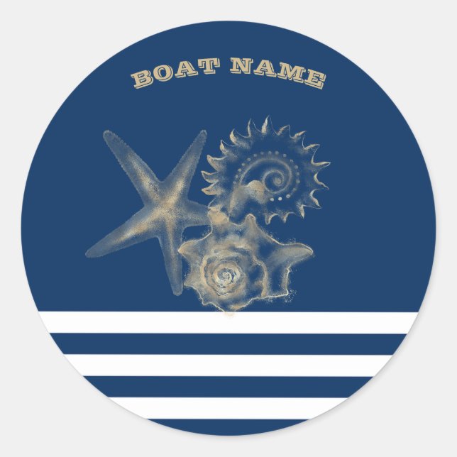 Nautic, Gold Seashells Navy Blue Stripes Runder Aufkleber (Vorderseite)
