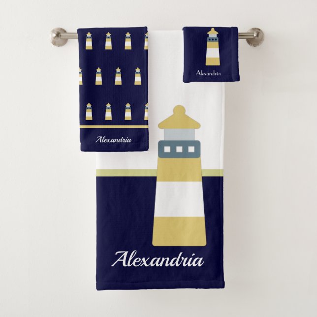 Nautic Gold und Marineblau Leuchtturm Badhandtuch Set (Insitu)