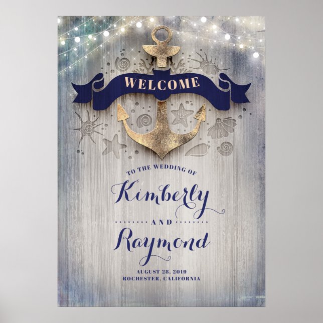 Nautic Golden Anchor Wedding Welcome Sign Poster (Vorne)