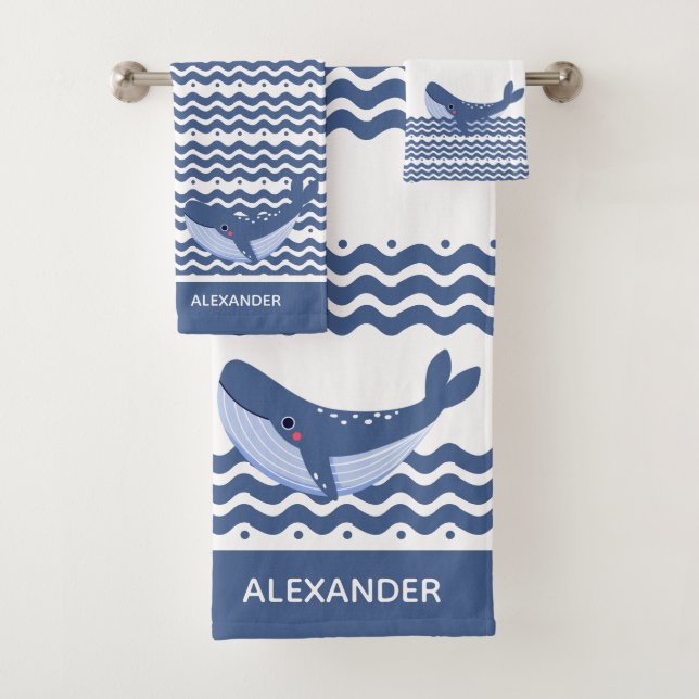 Nautic Gray Blue White Whale Waves Badhandtuch Set (Insitu)