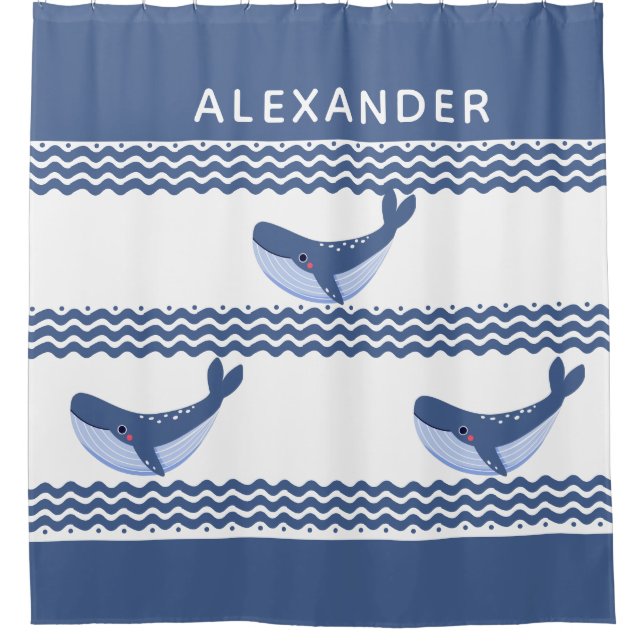 Nautic Gray Blue White Whale Waves Duschvorhang (Vorderseite)