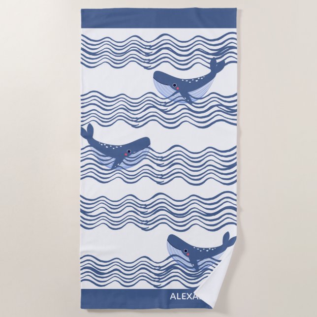 Nautic Gray Blue White Whale Waves Strandtuch (Vorderseite)