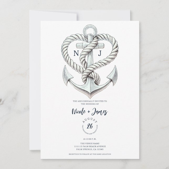 Nautic Heart Rope Anchor Coastal Wedding Einladung (Vorderseite)