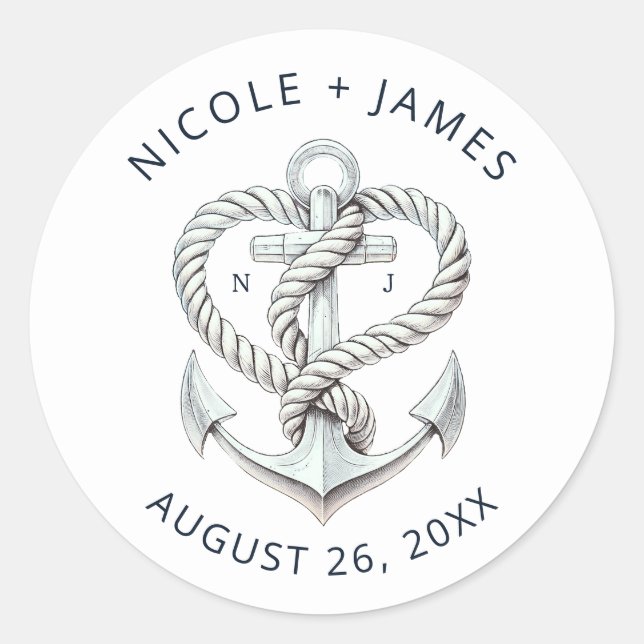 Nautic Heart Rope Anchor Coastal Wedding Runder Aufkleber (Vorderseite)