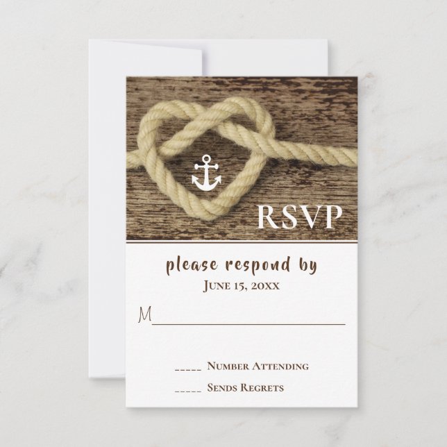 Nautic Heart Rope Knot und Anchor Wedding RSVP Karte (Vorderseite)