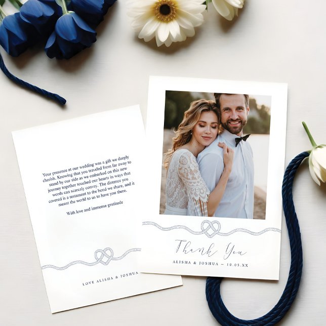 Nautic Heart Rope Navy & White Foto Vielen Dank Dankeskarte (Nautical Heart Rope Navy & White Photo Thank You)