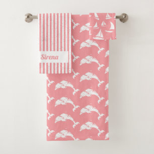 Nautic Hübsch Pink Gemusterte Dolphin und Segeln Badhandtuch Set