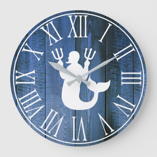 Nautic Imitats Blue Wood & Merman Silhouette Große Wanduhr (Vorderseite)