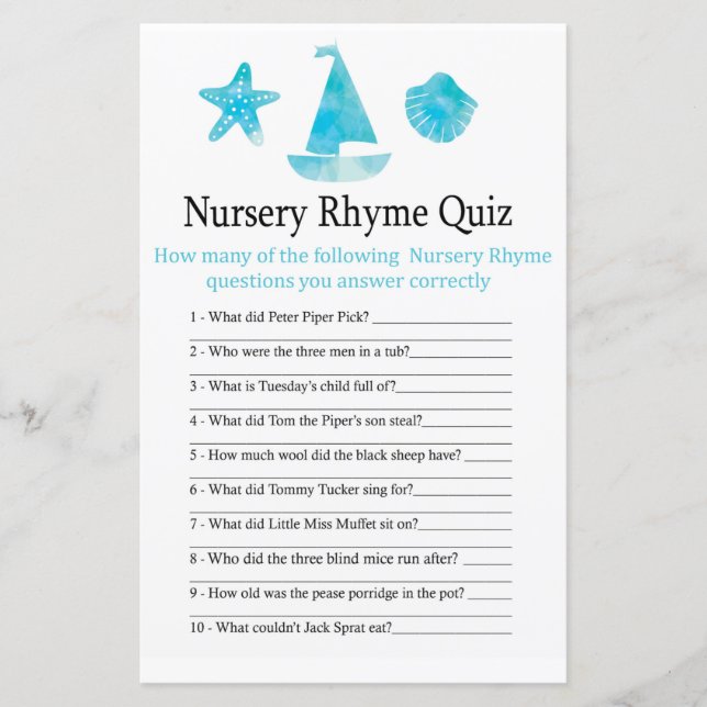 Nautic Kinderzimmer Rhyme Quiz Babydusche (Vorderseite)