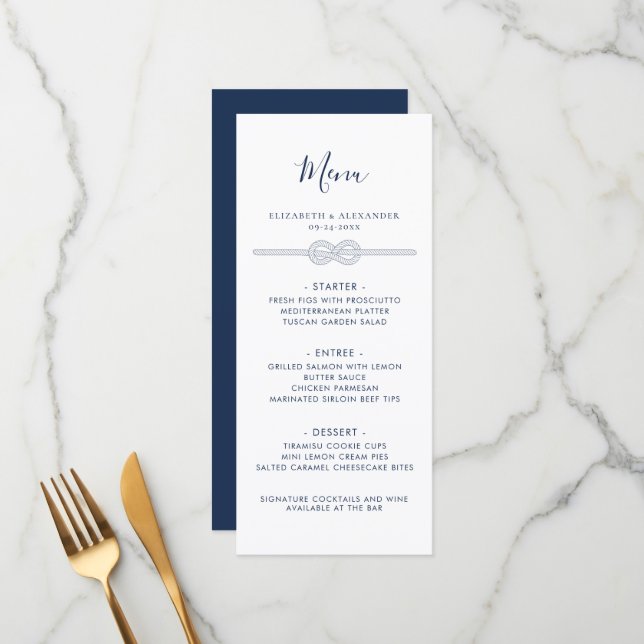 Nautic Knot White Navy Probe Dinner Menu Menükarte (Vorderseite/Rückseite Beispiel)