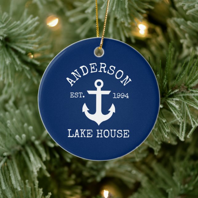 Nautic Lake House Anchor Family Name Blue Keramik Ornament (Baum)