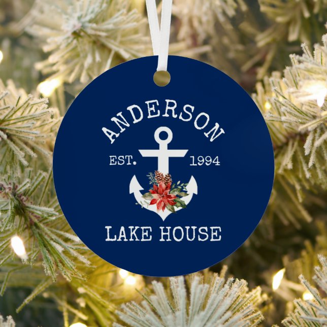 Nautic Lake House Anchor Winter Floral Blue Ornament Aus Metall (InSitu)