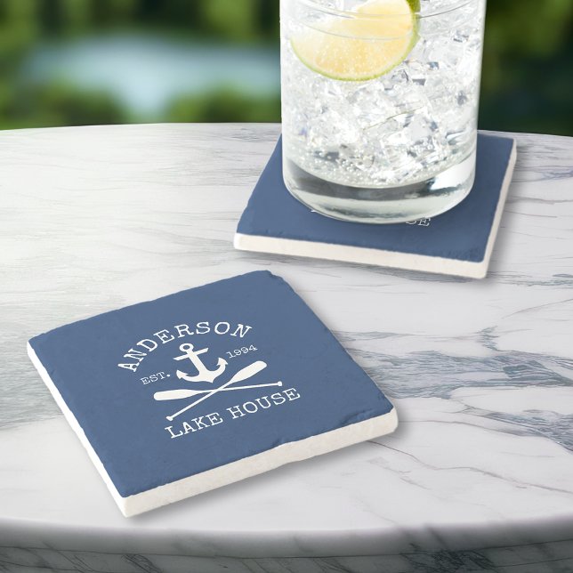 Nautic Lake House Family Anchor Oars Navy Blue Steinuntersetzer (Customize to change text size, style or background color.)