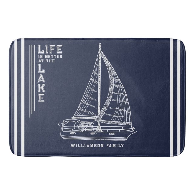 Nautic Lake House Family Name Navy Blue Badematte (Vorderseite)