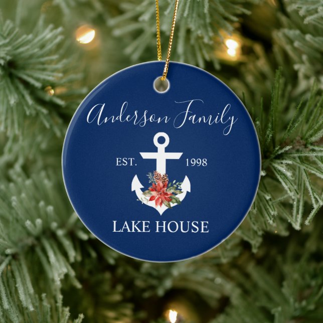 Nautic Lake House Winter Floral Navy Blue Keramik Ornament (Baum)
