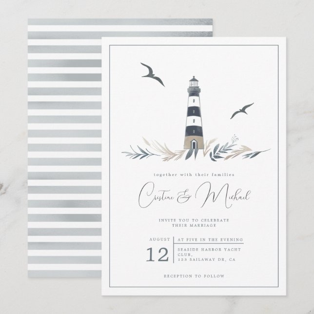 Nautic Leuchtturm Einladung zur Hochzeit (Vorne/Hinten)