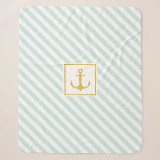 Nautic Light Blue Stripes Goldener Glitzer Ankerpu Sherpadecke (Vorderseite)
