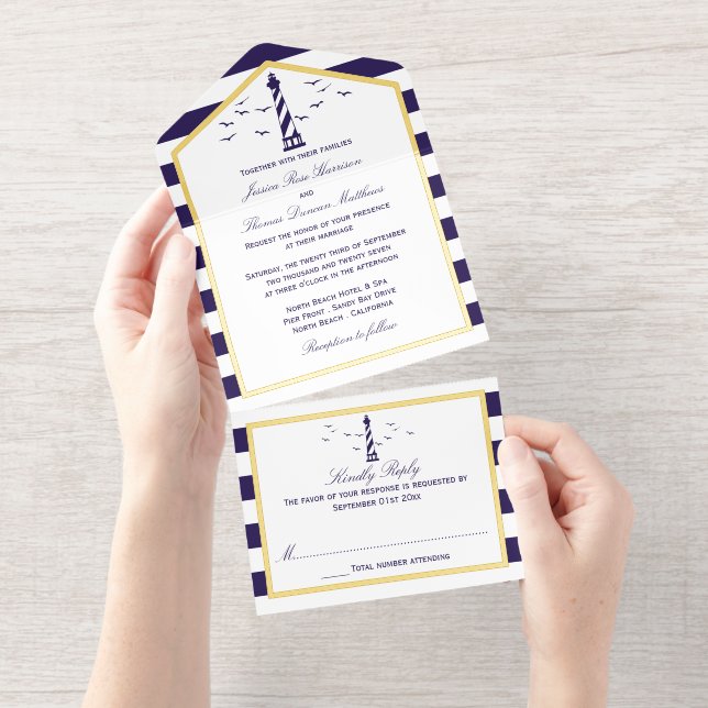 Nautic Lighthouse Navy Stripe Hochzeit Real Foil All-in-One-Einladung (Abreißstreifen)